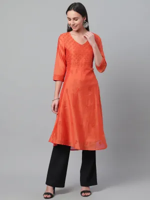 Orange Chanderi Embroidered A-Line Kurta With Tassels
