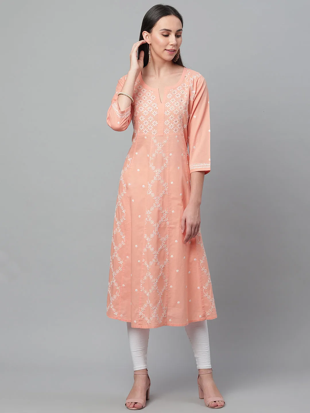 Peach Kalidaar Chikankari Kurta with Mukaish Work