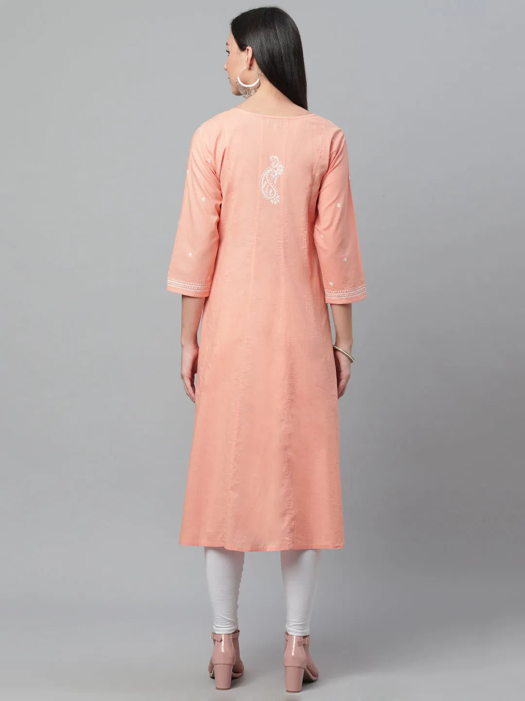Peach Kalidaar Chikankari Kurta with Mukaish Work
