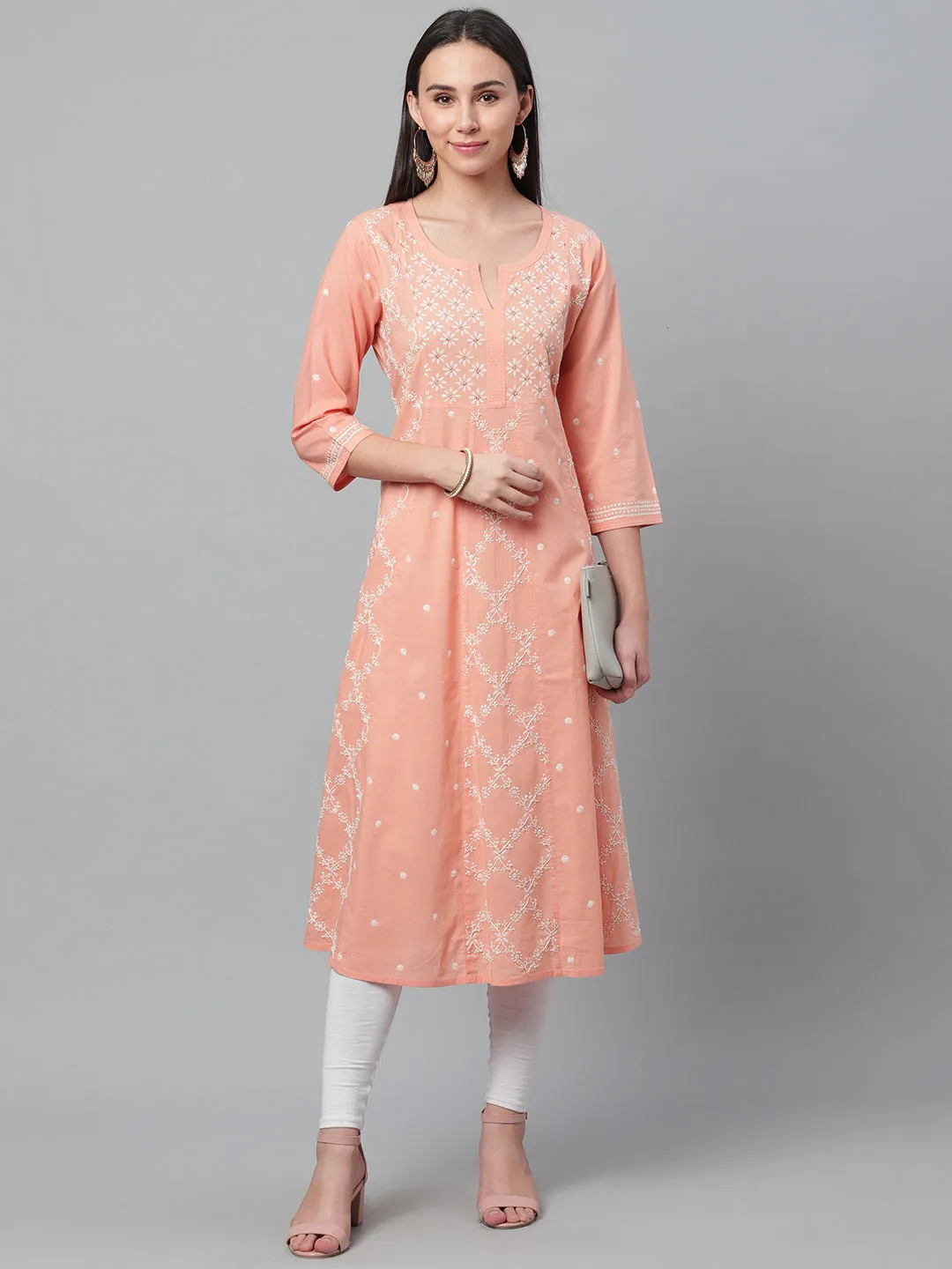 Peach Kalidaar Chikankari Kurta with Mukaish Work