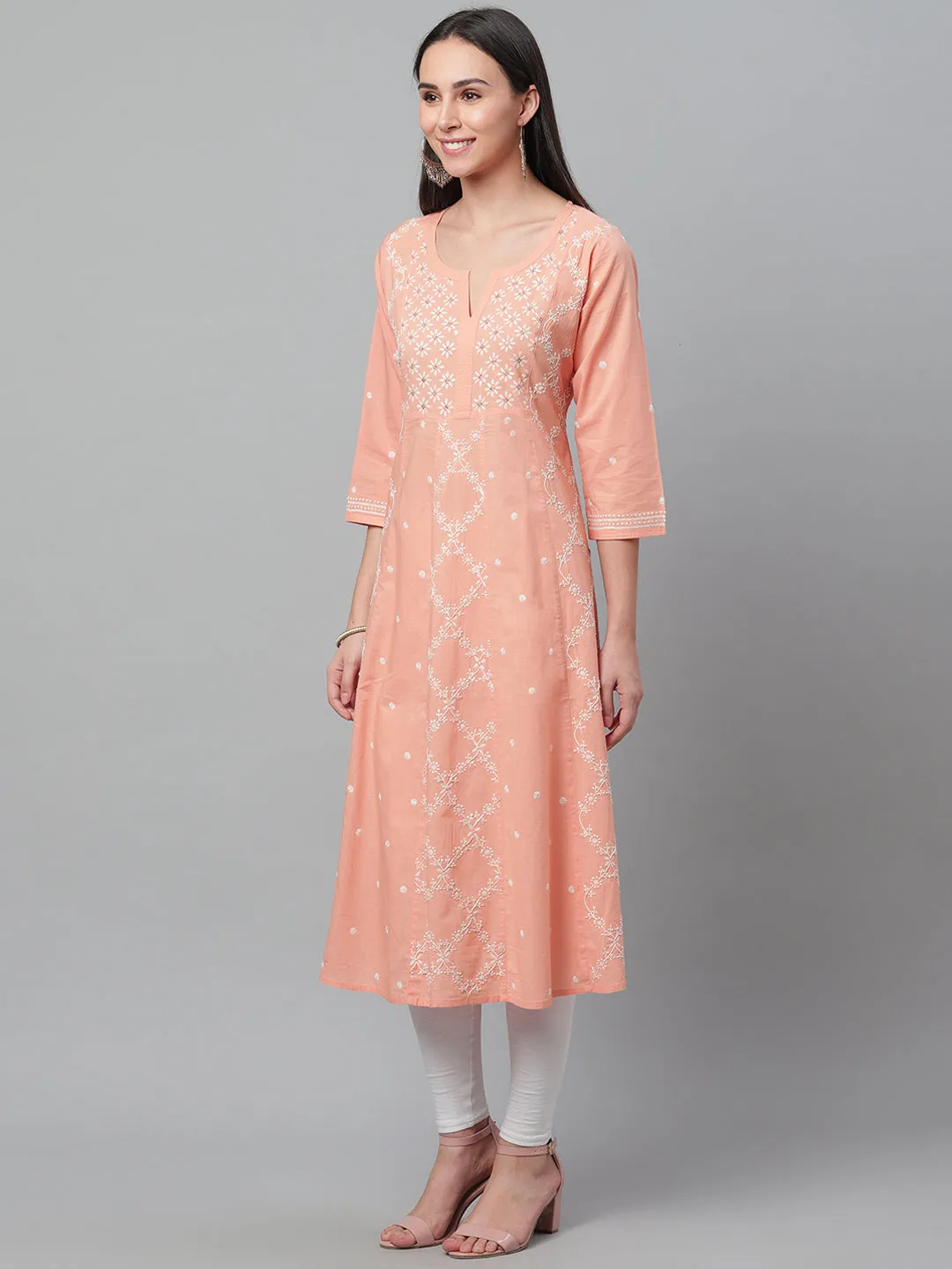 Peach Kalidaar Chikankari Kurta with Mukaish Work