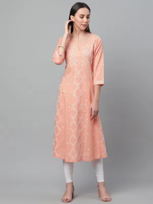 Peach Kalidaar Chikankari Kurta with Mukaish Work