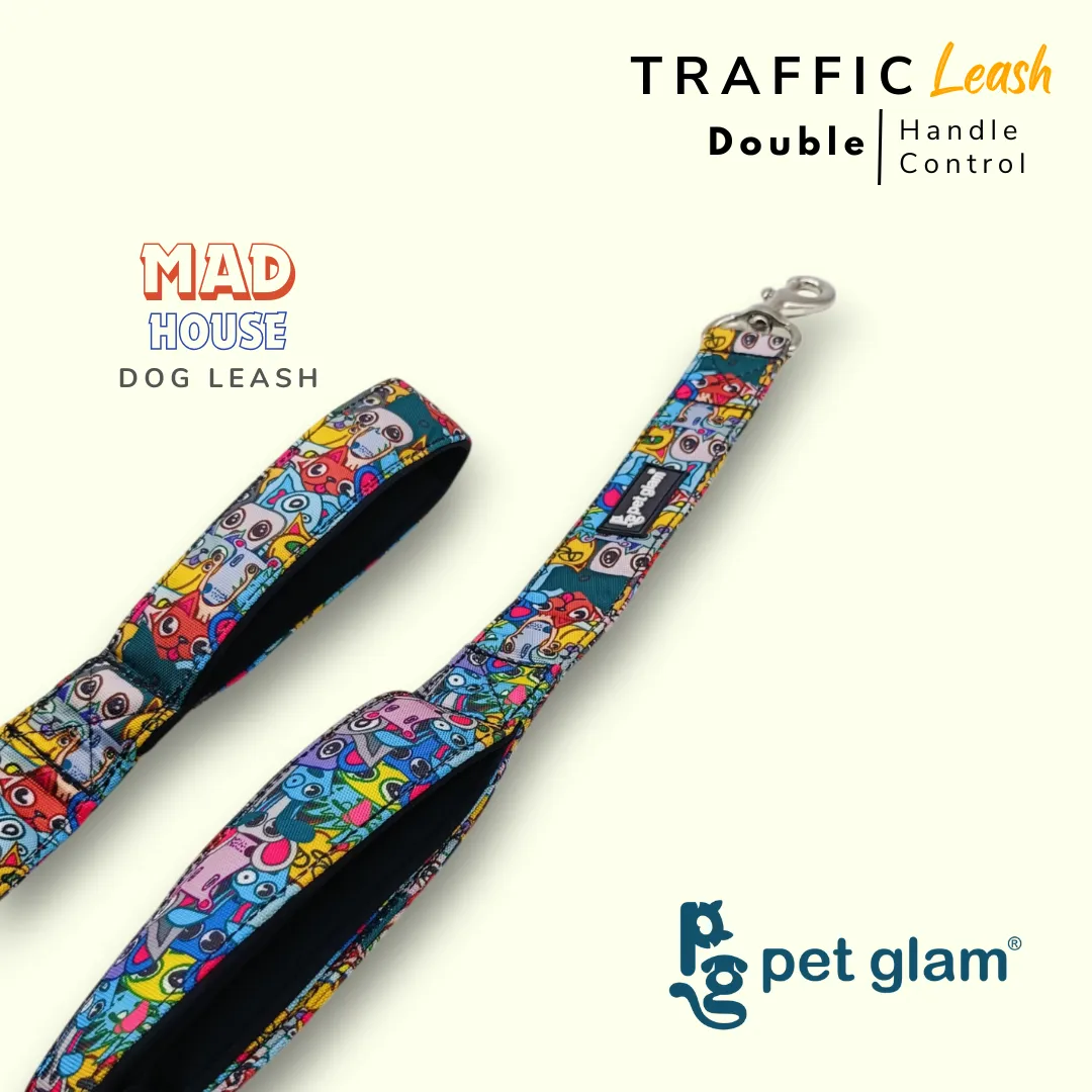 Pet Glam Double Handle Traffic Leash For Dogs Mad House | 5 Ft Long X-Large 1.5 inch W