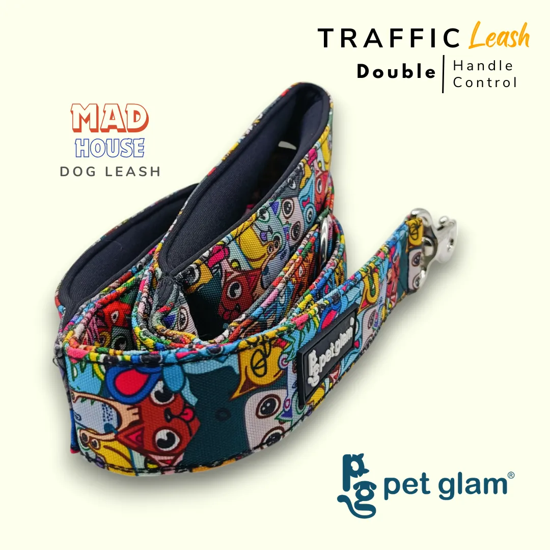 Pet Glam Double Handle Traffic Leash For Dogs Mad House | 5 Ft Long X-Large 1.5 inch W