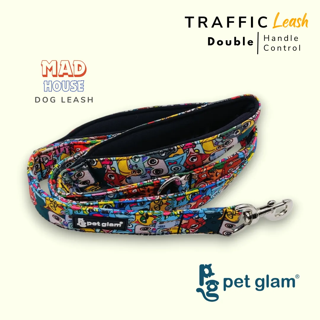Pet Glam Double Handle Traffic Leash For Dogs Mad House | 5 Ft Long X-Large 1.5 inch W