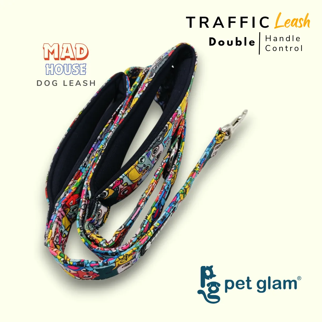 Pet Glam Double Handle Traffic Leash For Dogs Mad House | 5 Ft Long X-Large 1.5 inch W