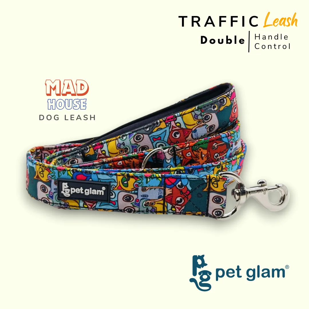 Pet Glam Double Handle Traffic Leash For Dogs Mad House | 5 Ft Long X-Large 1.5 inch W