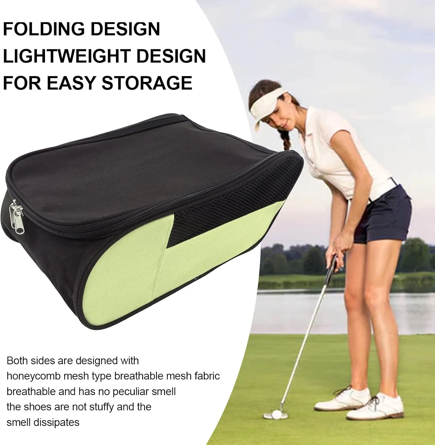 Portable Dustproof Breathable Golf Shoe Bag Golf Shoe Storage Bag for Travel Men Women (Black)(Color:Black Green)
