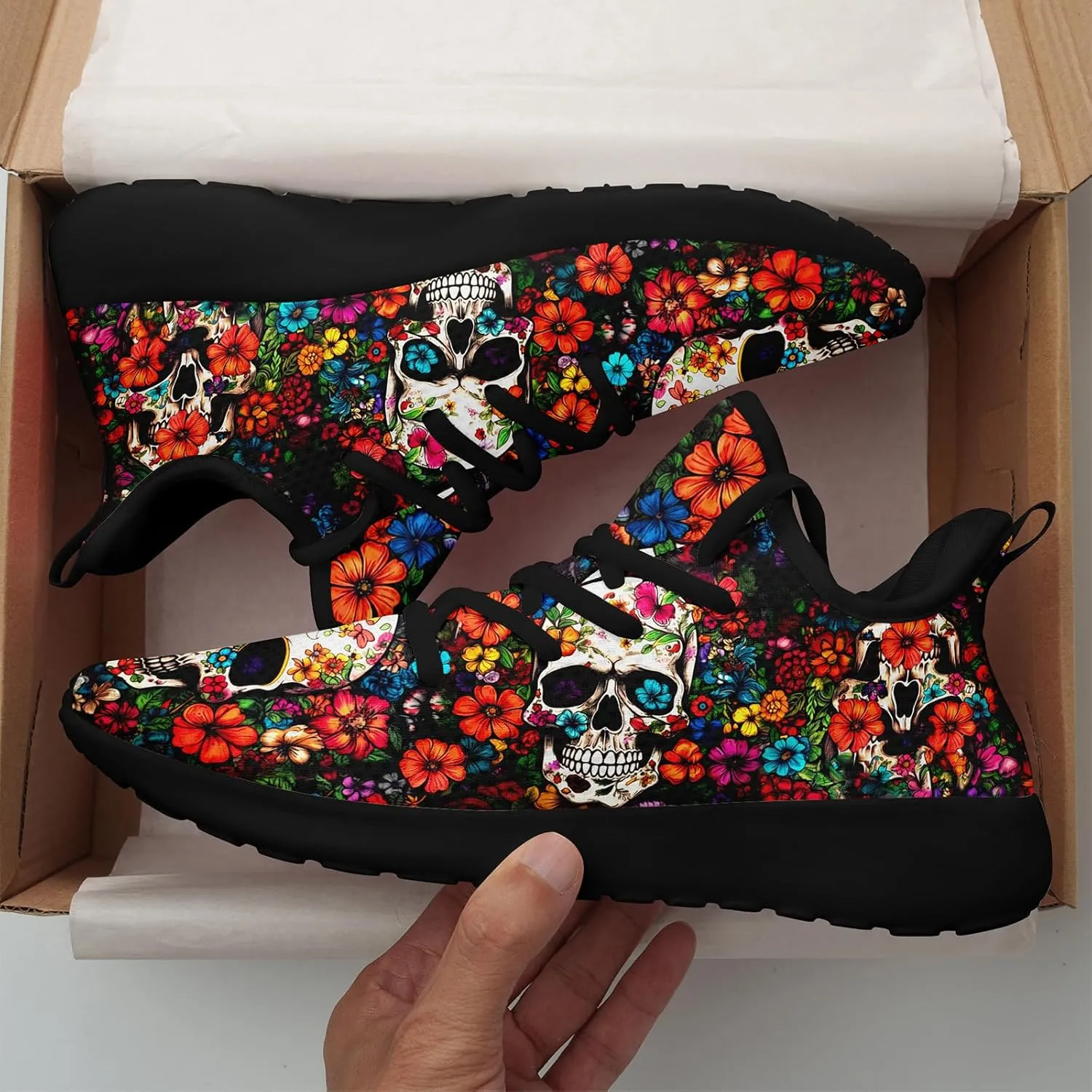 Skull Walking Shoes for Men Mesh Athletic Road Running Shoes Lightweight Breathable Halloween Training Sports Shoes Tennis Walking Sneaker