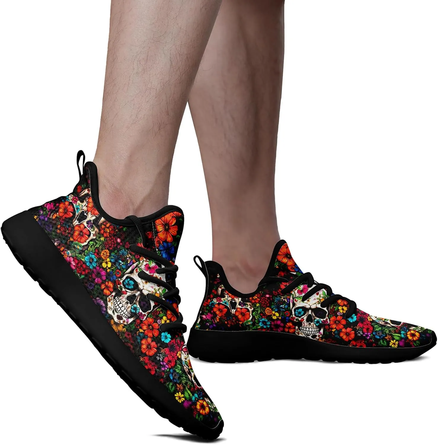 Skull Walking Shoes for Men Mesh Athletic Road Running Shoes Lightweight Breathable Halloween Training Sports Shoes Tennis Walking Sneaker