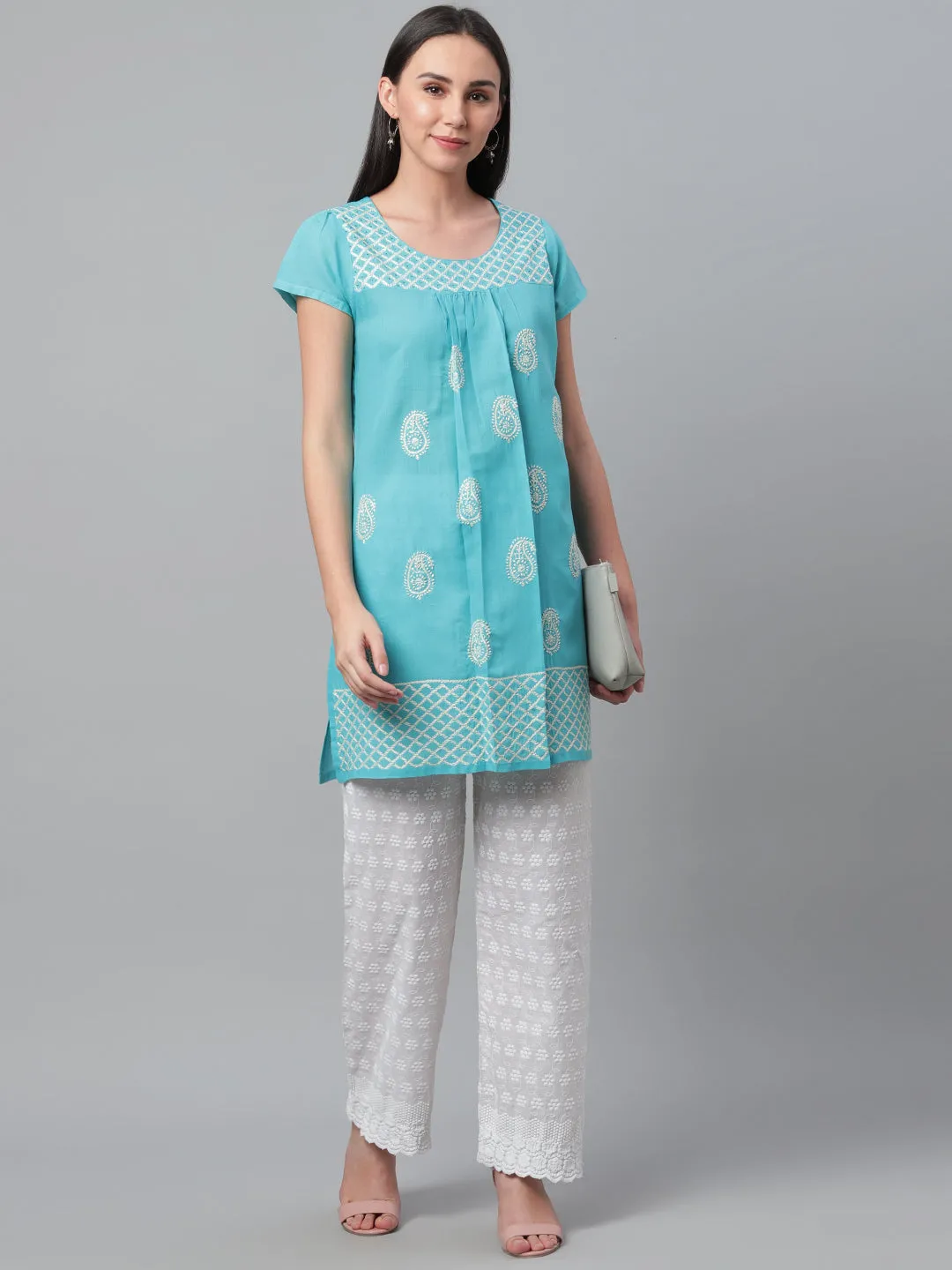Sky Blue Chikankari Short Kurta