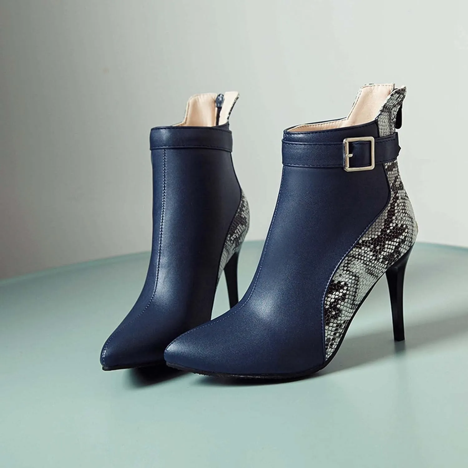 Stiletto Ankle Boots for Women - 2021 Fashion Pointed Toe Back Zipper Belt Buckle Snake Pattern Stitching Short Booties Casual High Heels Shoes