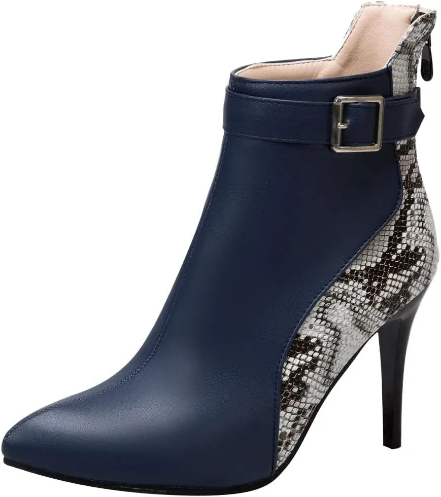 Stiletto Ankle Boots for Women - 2021 Fashion Pointed Toe Back Zipper Belt Buckle Snake Pattern Stitching Short Booties Casual High Heels Shoes