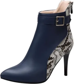 Stiletto Ankle Boots for Women - 2021 Fashion Pointed Toe Back Zipper Belt Buckle Snake Pattern Stitching Short Booties Casual High Heels Shoes