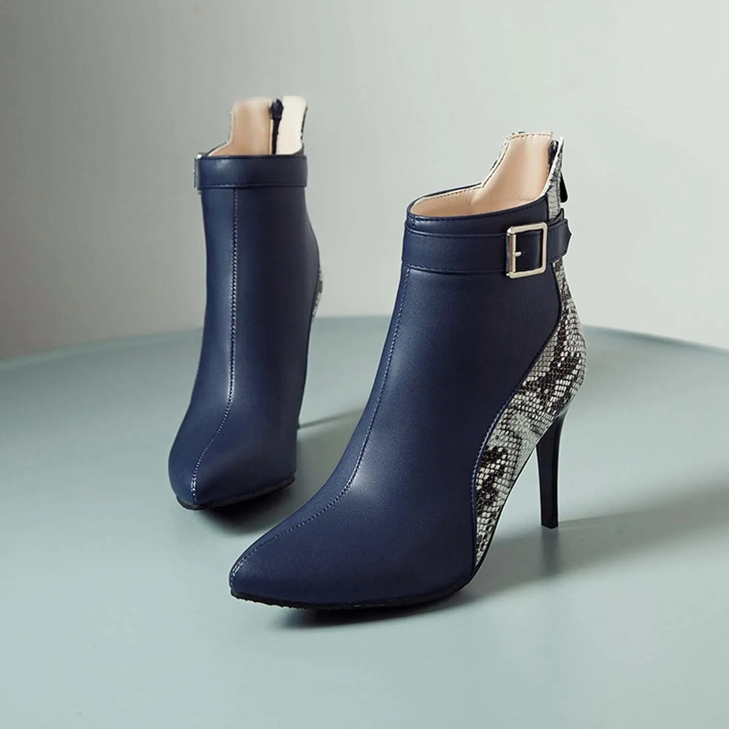 Stiletto Ankle Boots for Women - 2021 Fashion Pointed Toe Back Zipper Belt Buckle Snake Pattern Stitching Short Booties Casual High Heels Shoes
