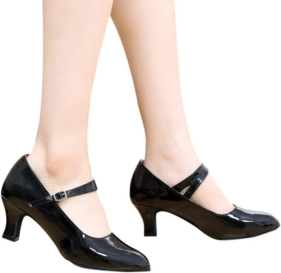 SuanlaTDS Women Toe Closed Indoor Tango Ballroom Dancing Party Shoes Glossy Shoes Low Heel Pump (Black, 7)