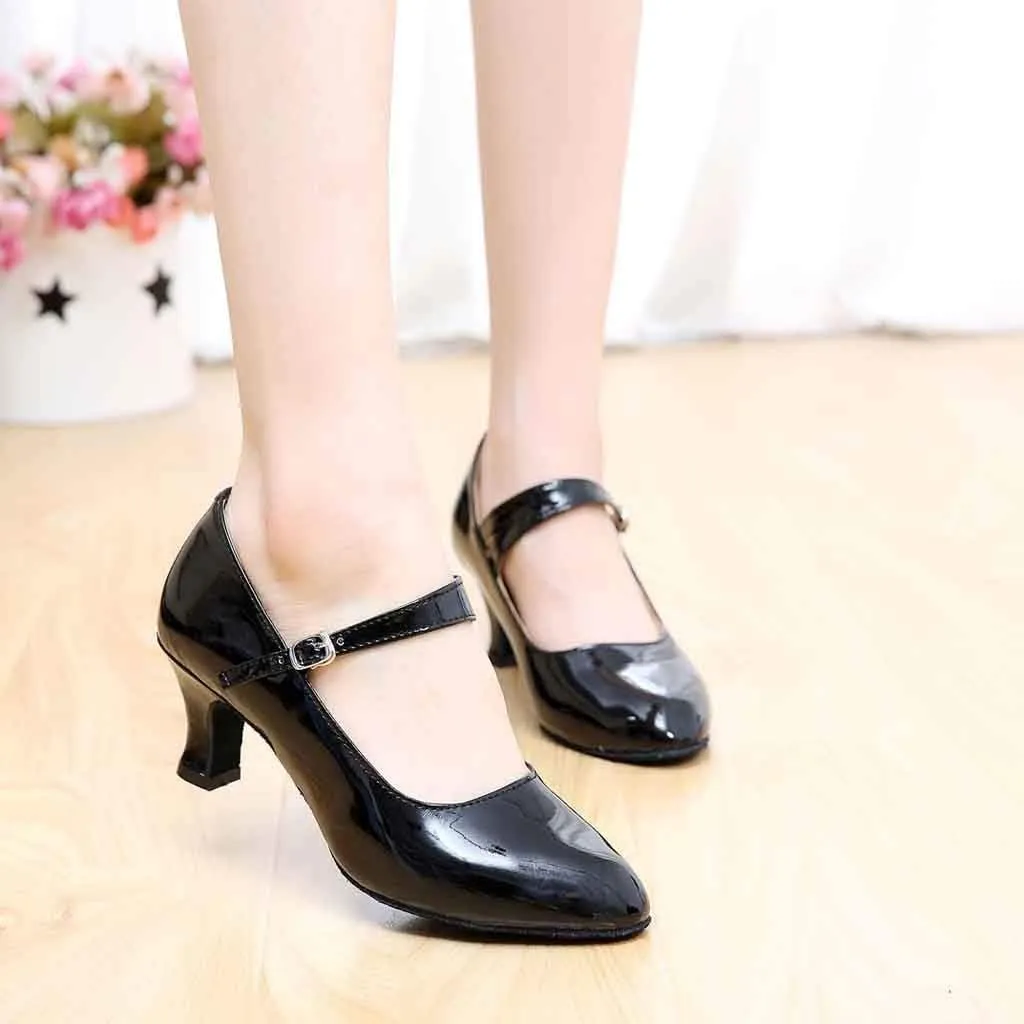 SuanlaTDS Women Toe Closed Indoor Tango Ballroom Dancing Party Shoes Glossy Shoes Low Heel Pump (Black, 7)