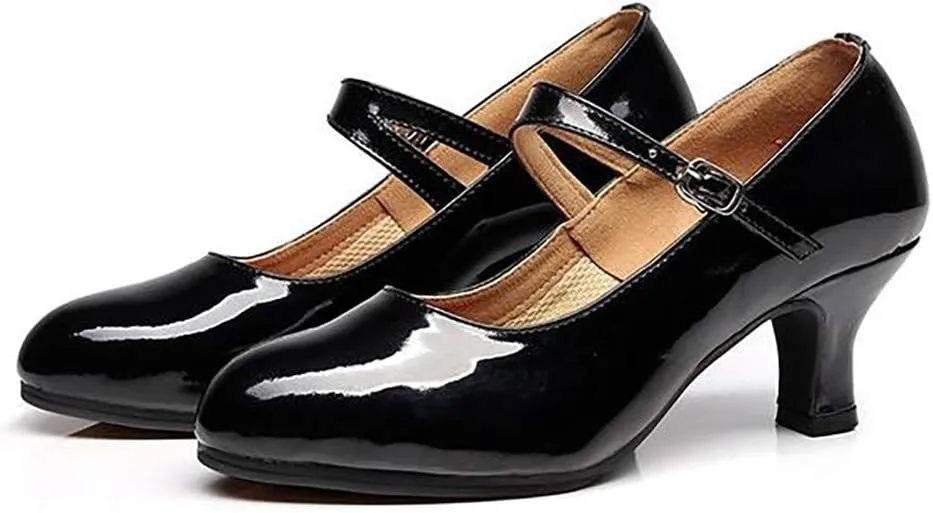 SuanlaTDS Women Toe Closed Indoor Tango Ballroom Dancing Party Shoes Glossy Shoes Low Heel Pump (Black, 7)