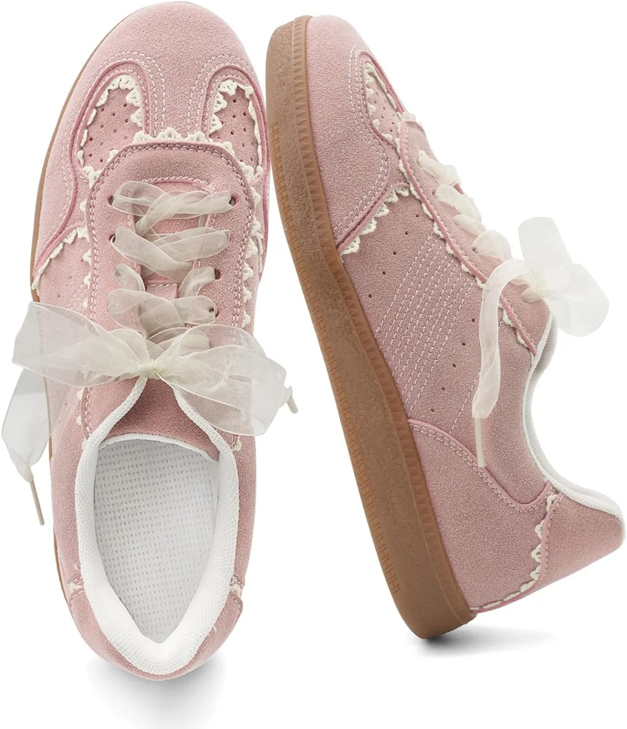 UBWDU Lace Fashion Ballet Sneakers for Women 2025  Trendy Cute Crochet Ribbon Lace-Up Casual Spring Shoes