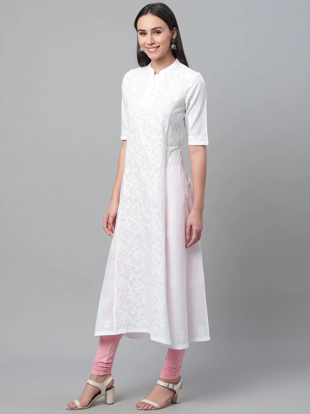 White Chikankari A-line Collared Kurta