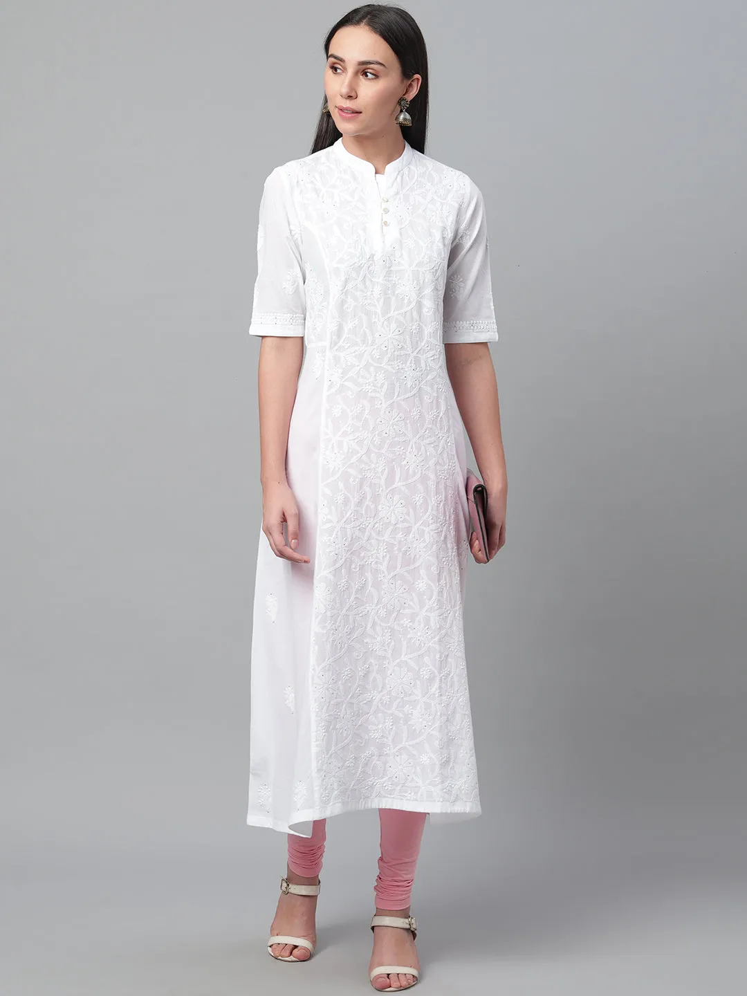 White Chikankari A-line Collared Kurta