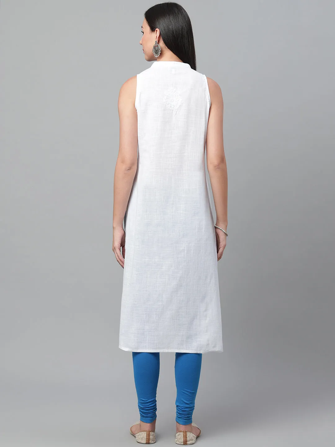 White Cotton Chikankari Kurta with Mandarin Collar