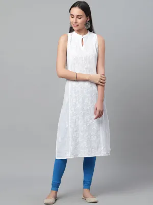 White Cotton Chikankari Kurta with Mandarin Collar