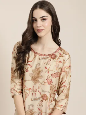 Women Beige Floral Printed Beads and Stones Straight Kurta Set