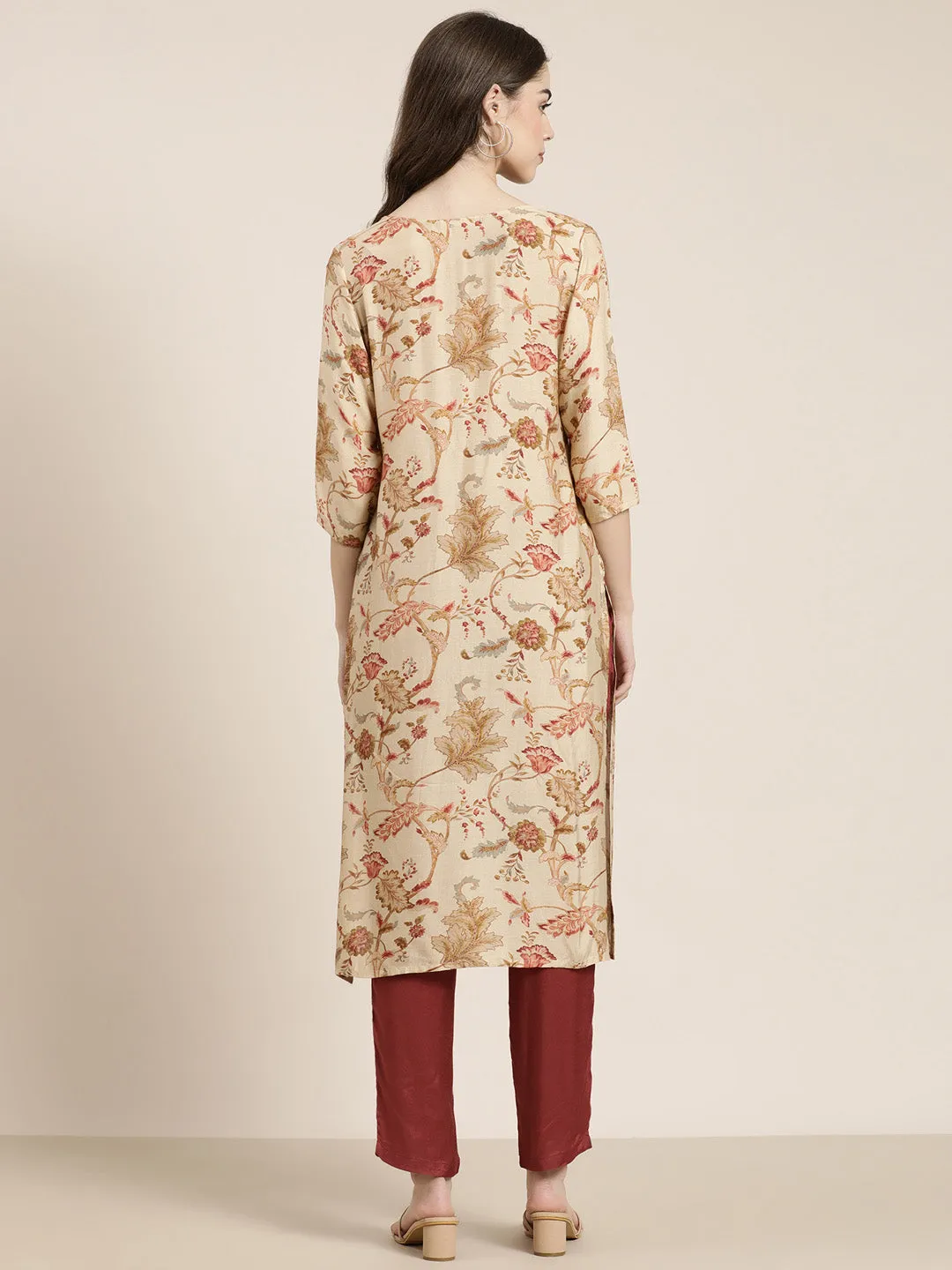 Women Beige Floral Printed Beads and Stones Straight Kurta Set
