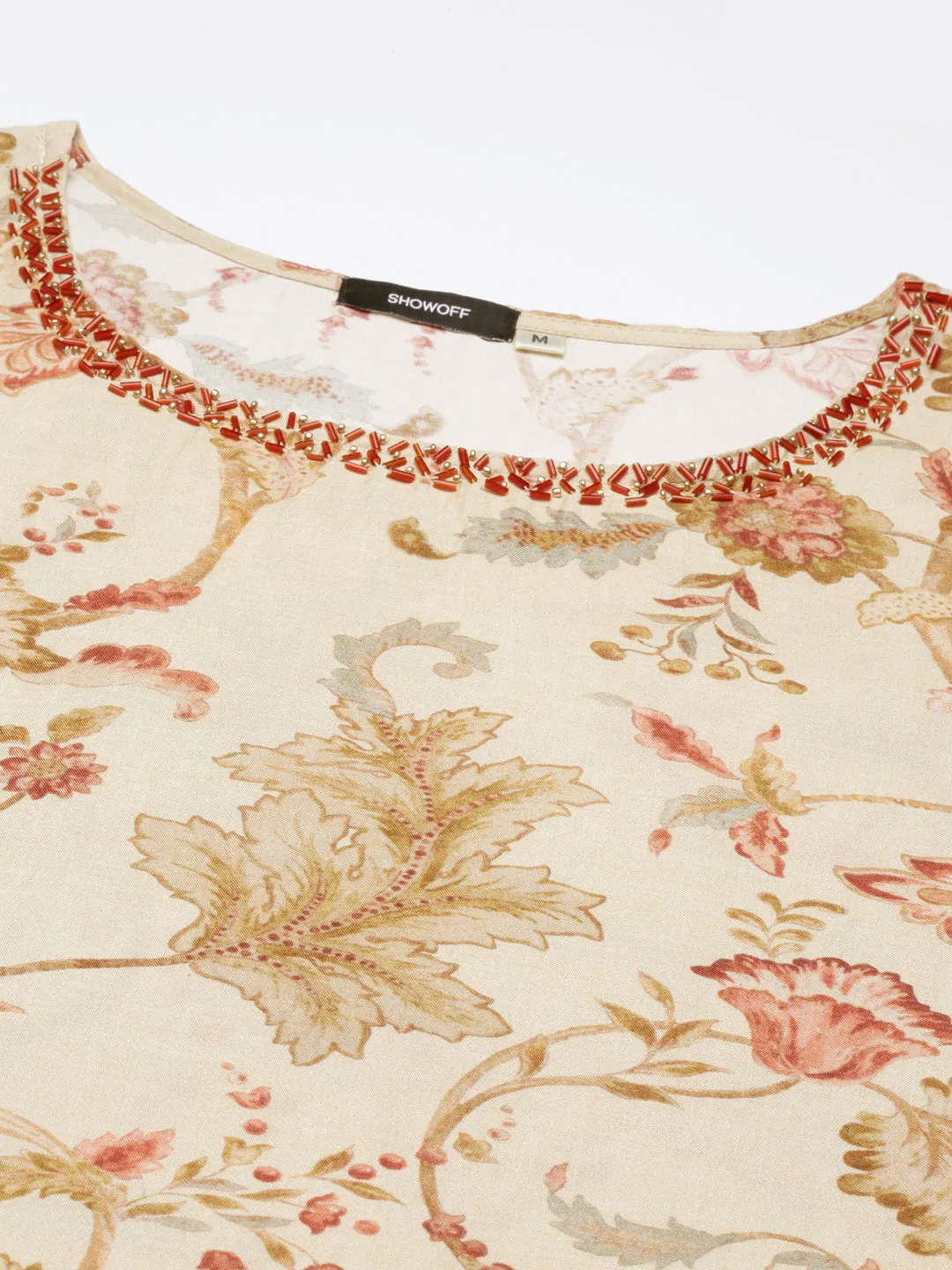 Women Beige Floral Printed Beads and Stones Straight Kurta Set