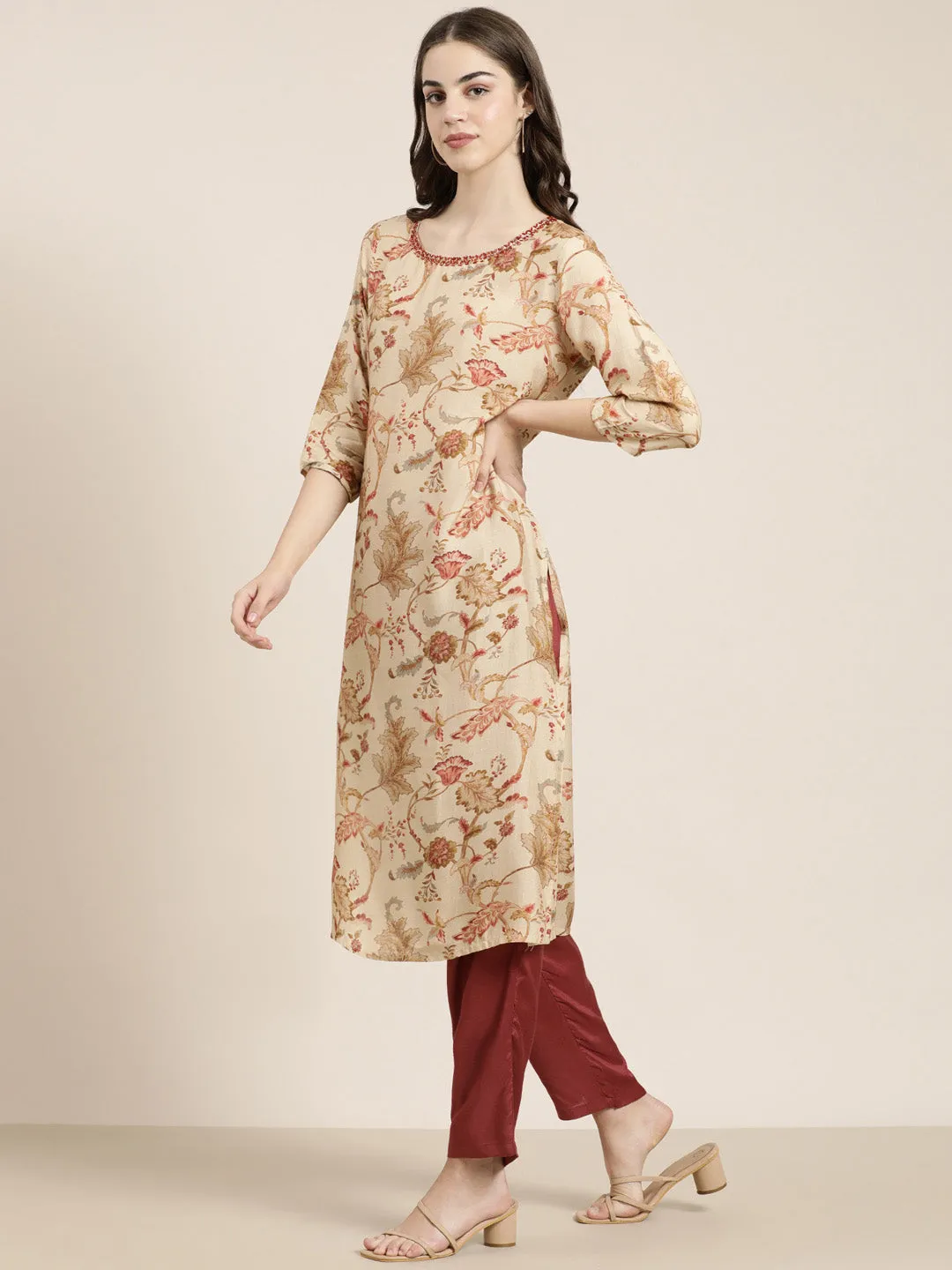 Women Beige Floral Printed Beads and Stones Straight Kurta Set