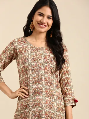Women Cream Printed Straight Kurta