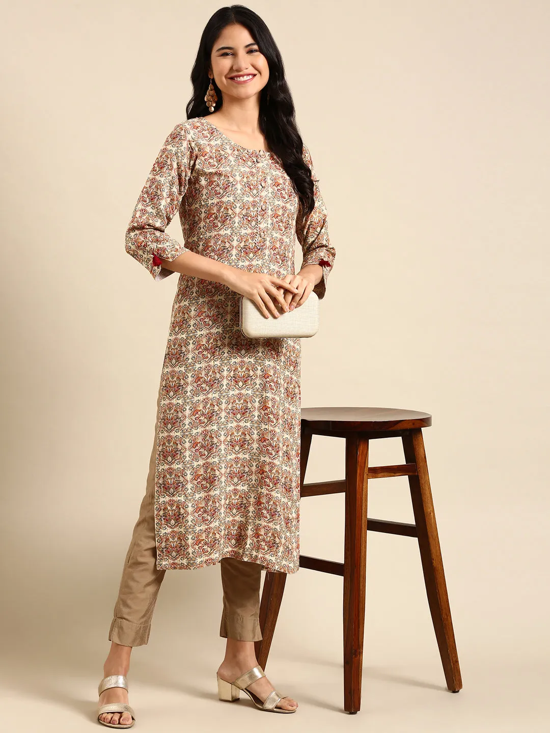 Women Cream Printed Straight Kurta