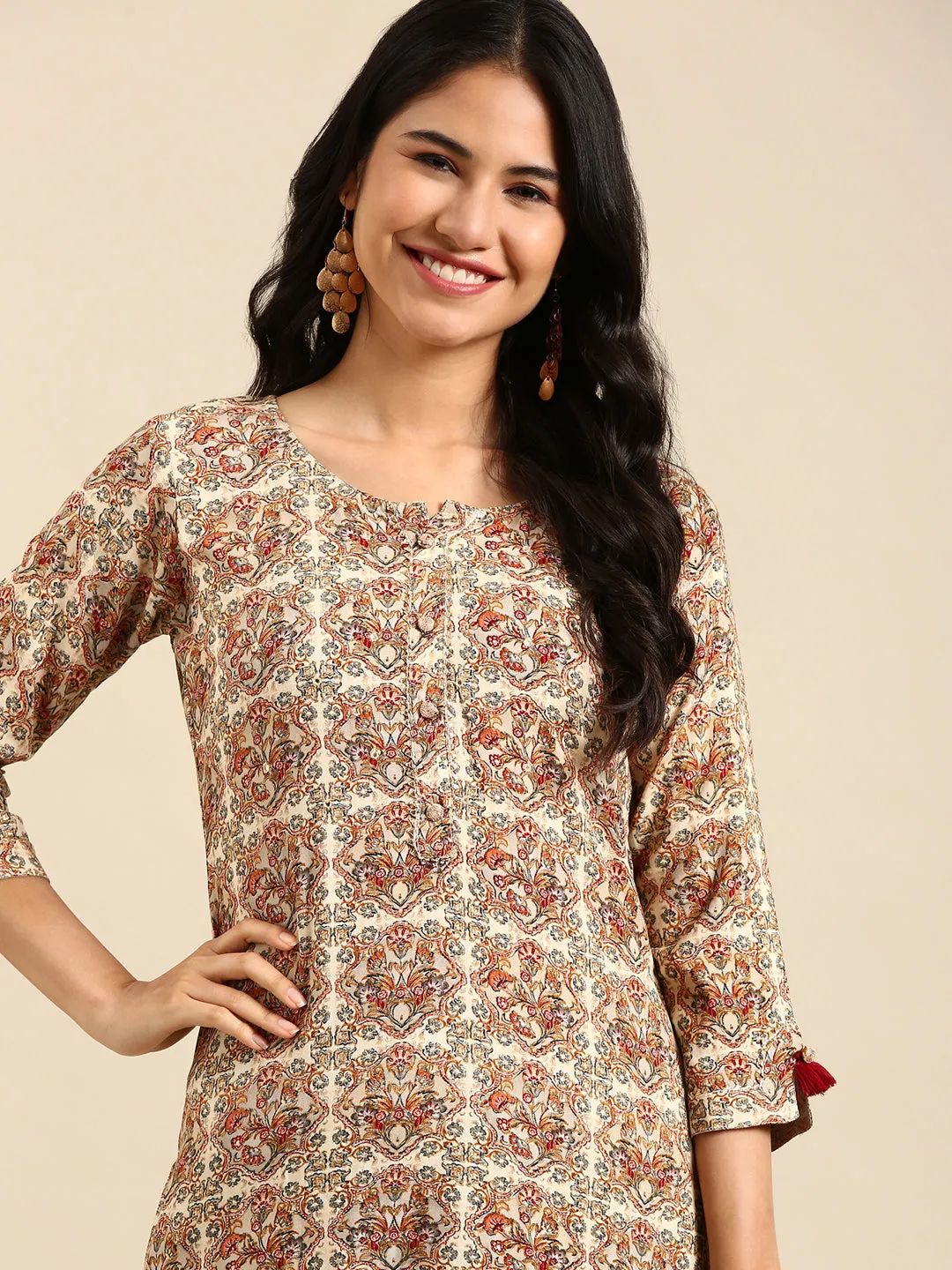 Women Cream Printed Straight Kurta