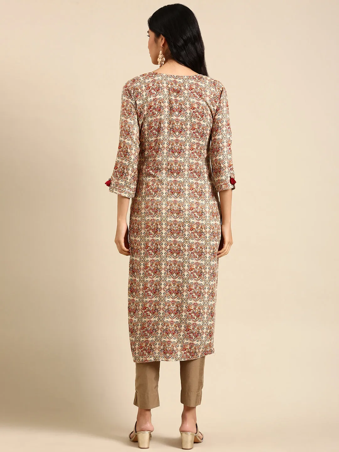 Women Cream Printed Straight Kurta