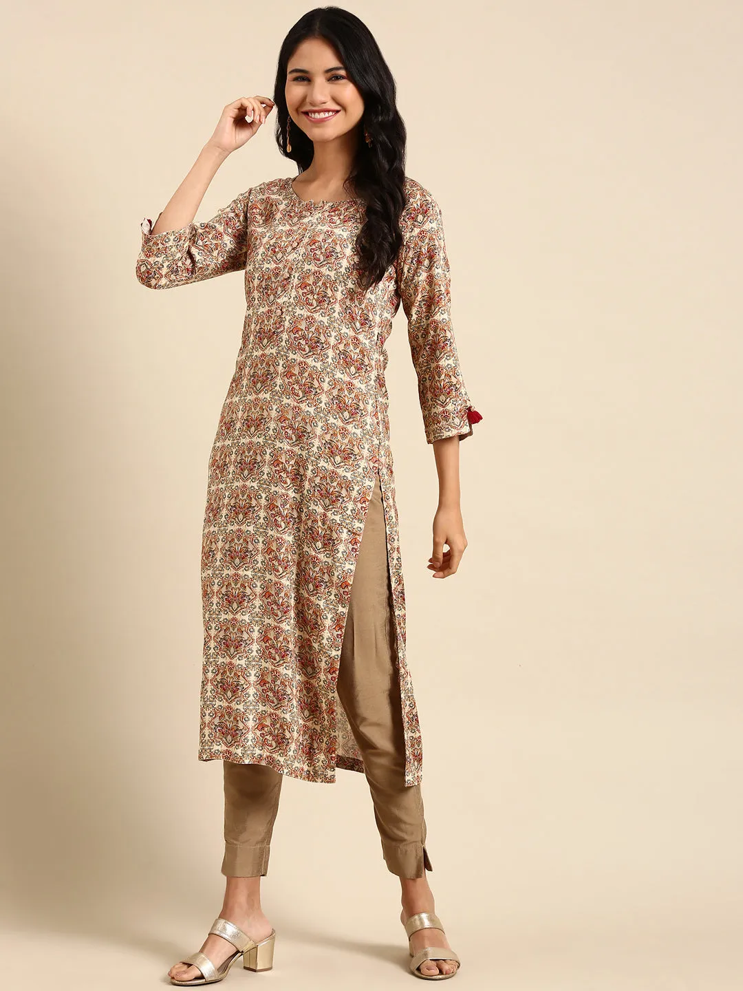 Women Cream Printed Straight Kurta