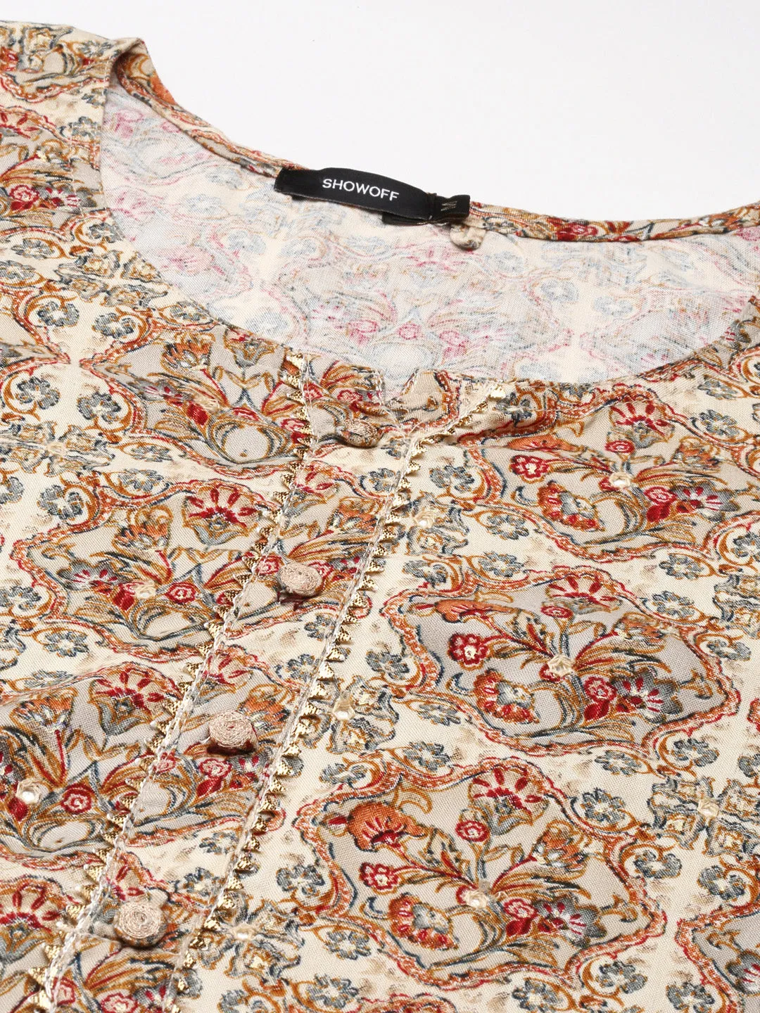 Women Cream Printed Straight Kurta