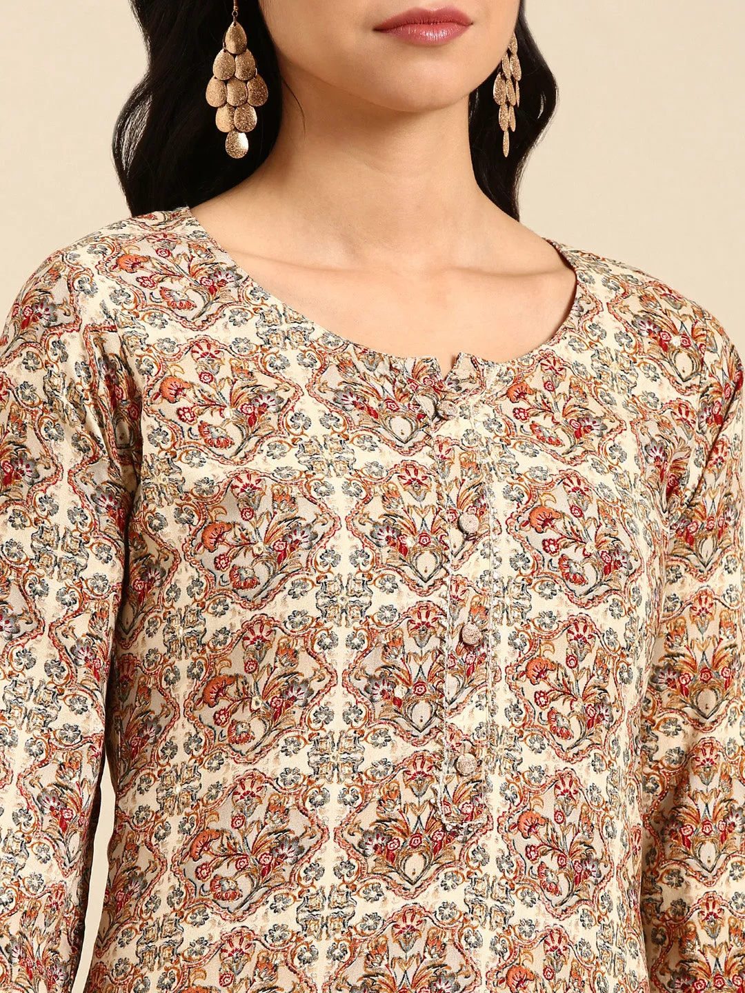 Women Cream Printed Straight Kurta