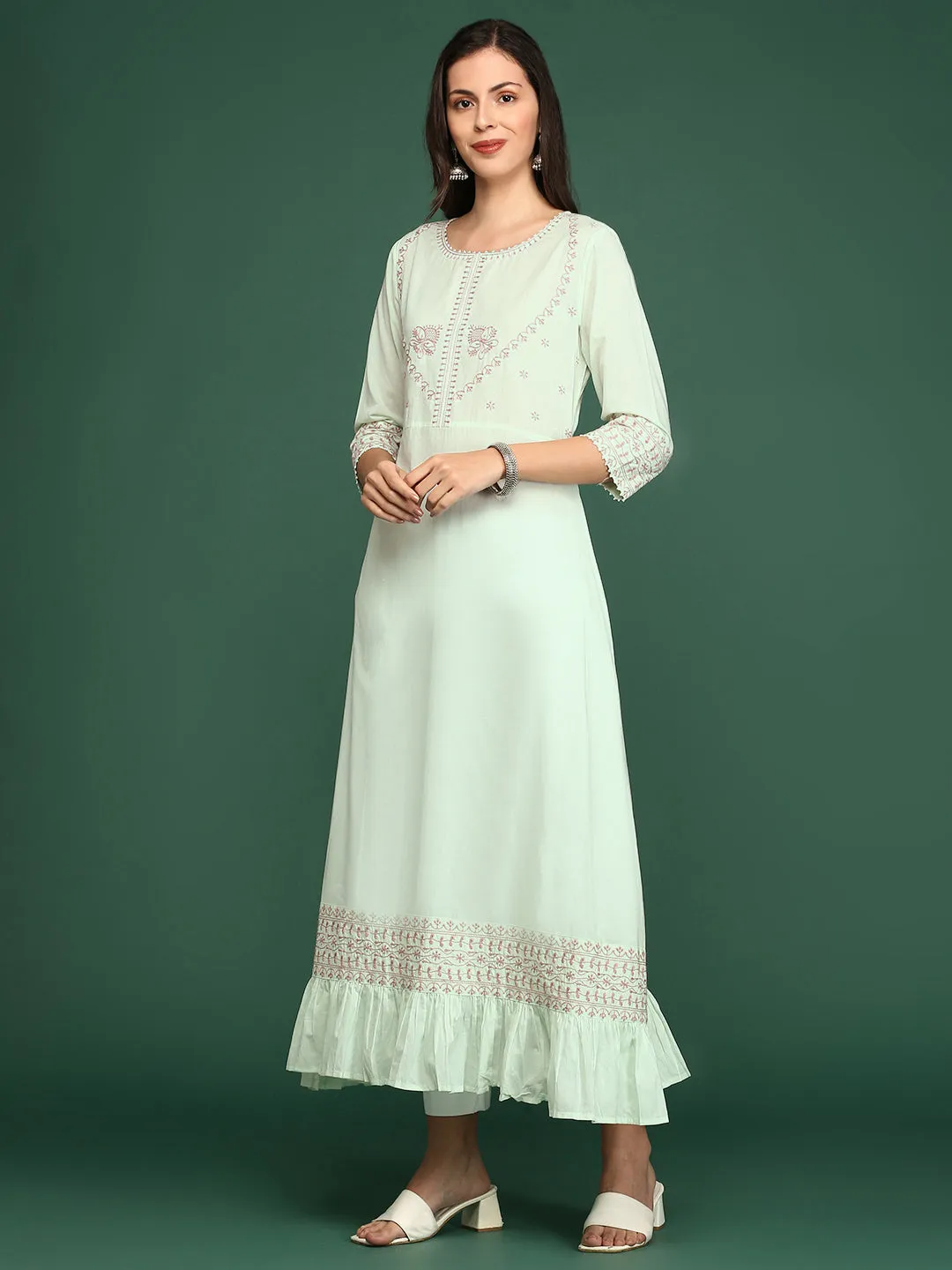 Women Green Embroidered A-Line Kurta