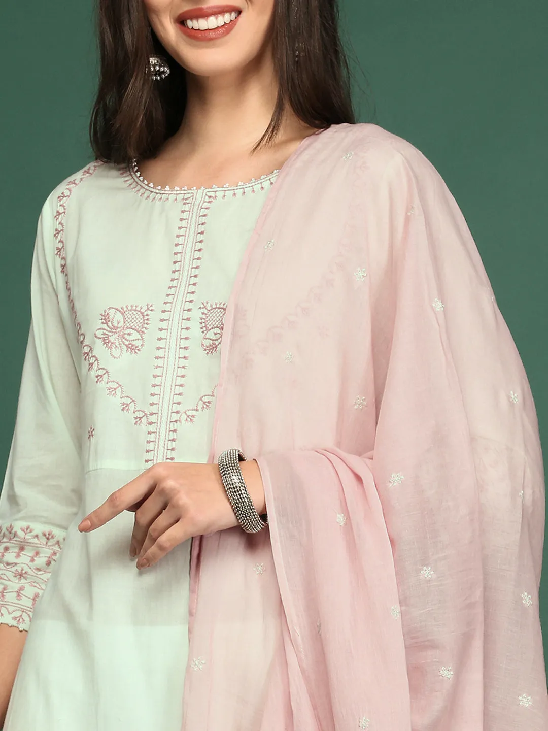 Women Green Embroidered A-Line Kurta