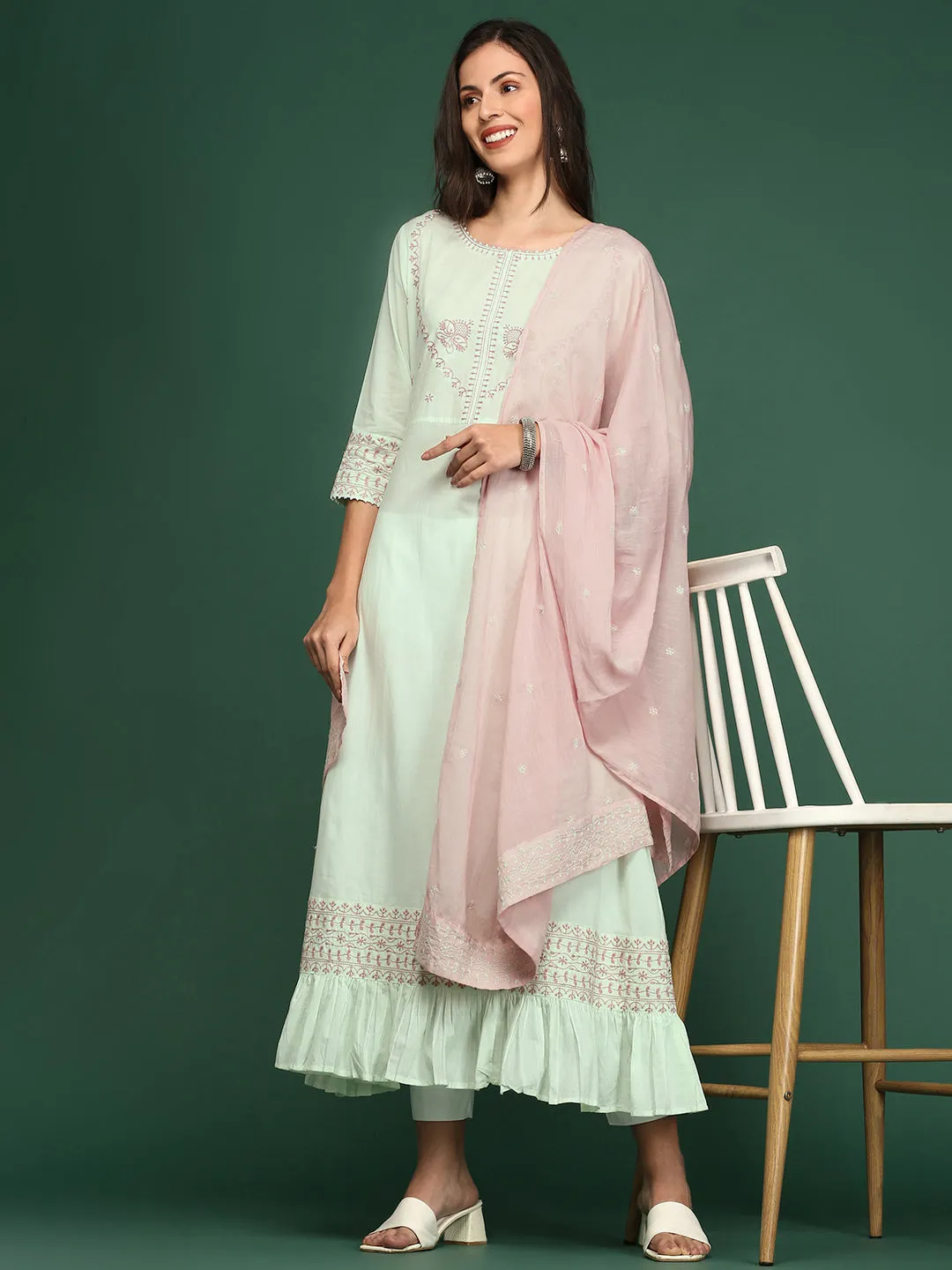 Women Green Embroidered A-Line Kurta