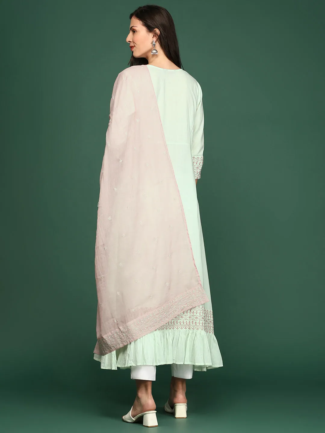Women Green Embroidered A-Line Kurta