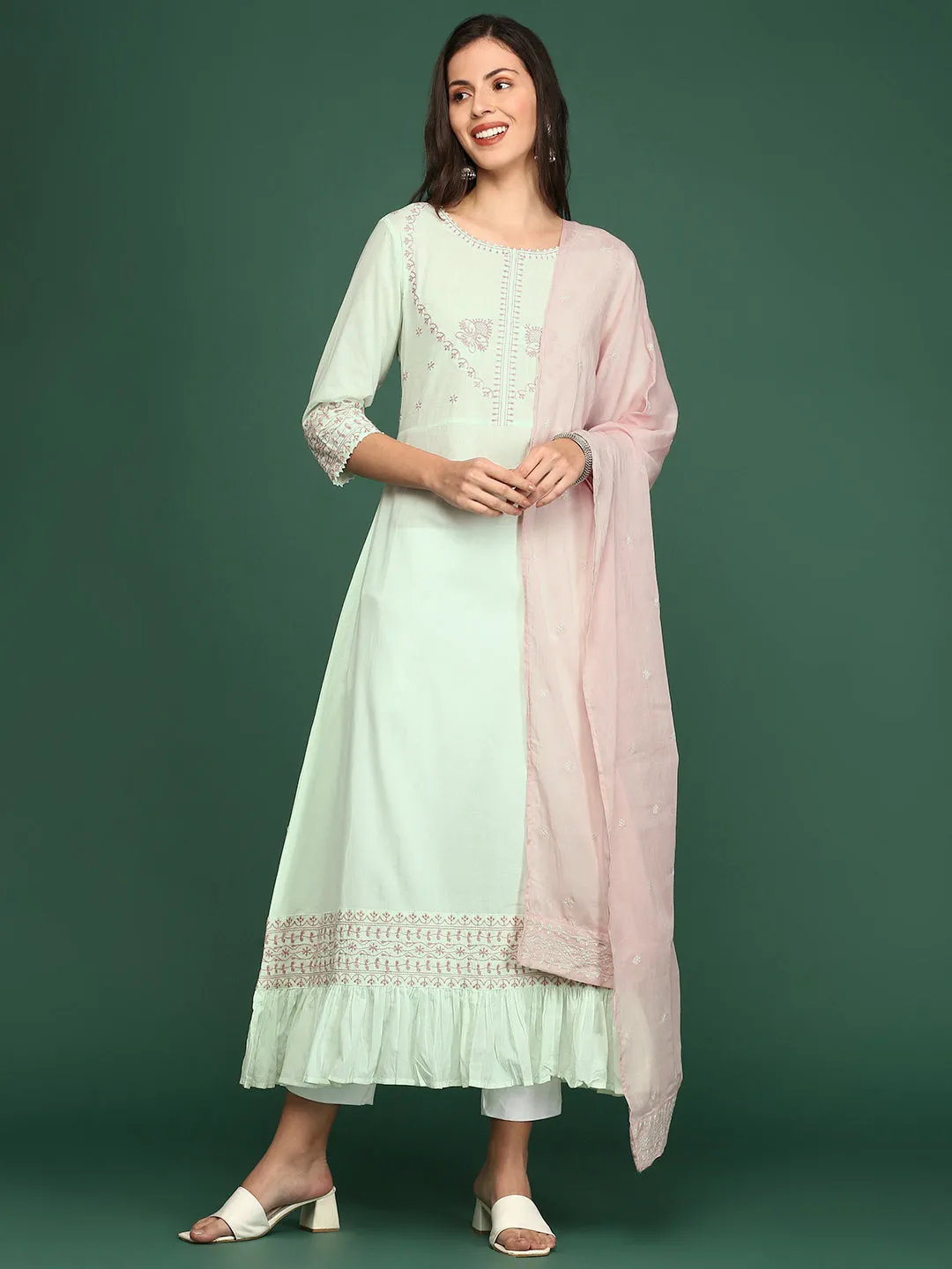 Women Green Embroidered A-Line Kurta