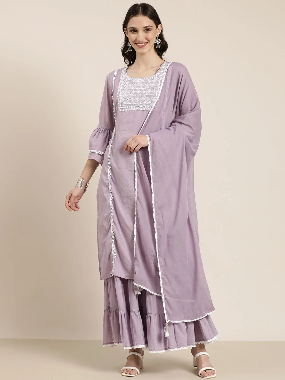 Women Lavender Ethnic Motifs Yoke Design Thread Work Kurta Set With Dupatta