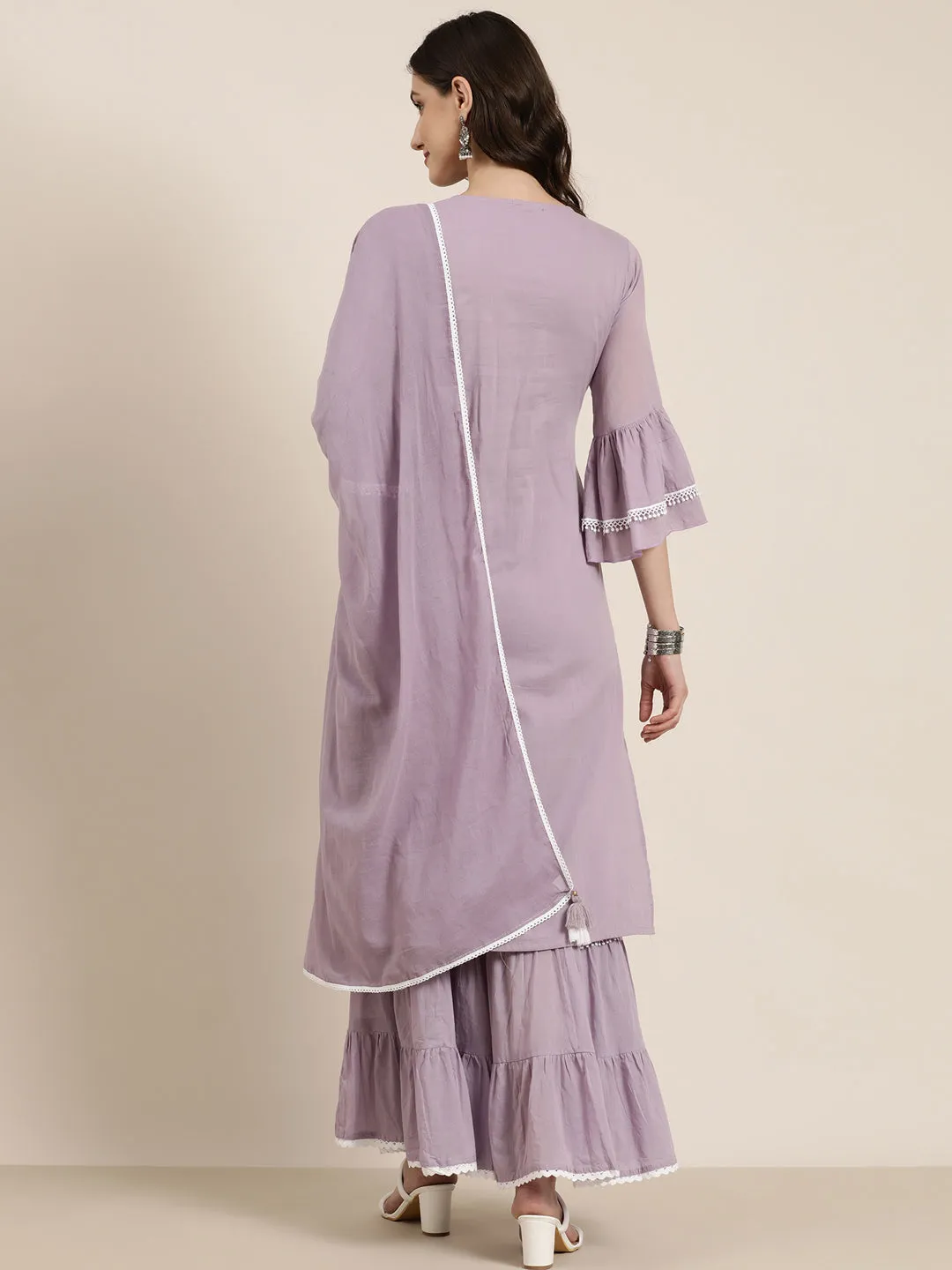 Women Lavender Ethnic Motifs Yoke Design Thread Work Kurta Set With Dupatta