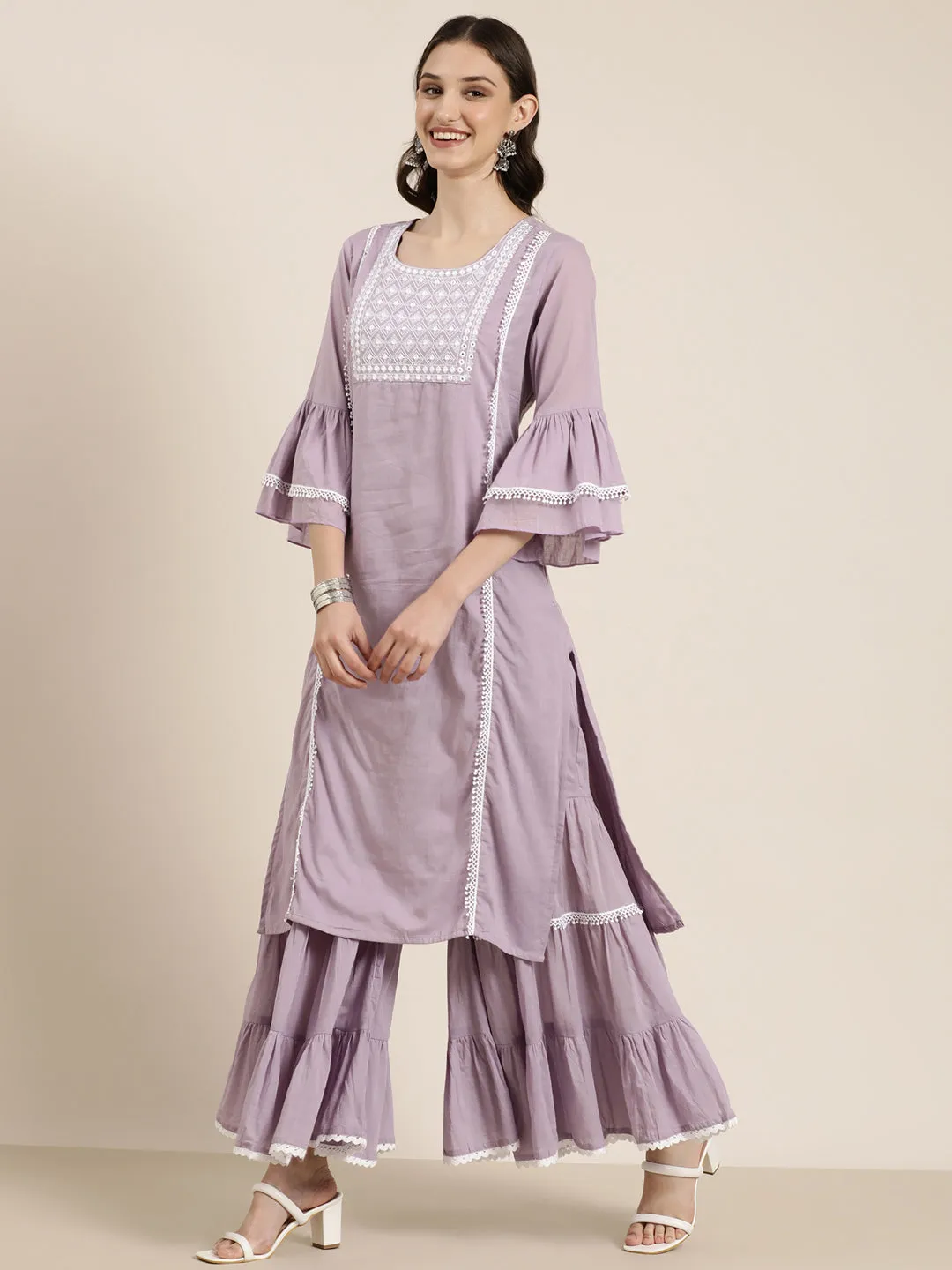 Women Lavender Ethnic Motifs Yoke Design Thread Work Kurta Set With Dupatta