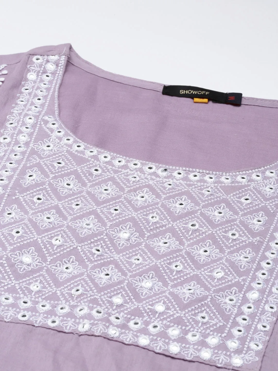 Women Lavender Ethnic Motifs Yoke Design Thread Work Kurta Set With Dupatta