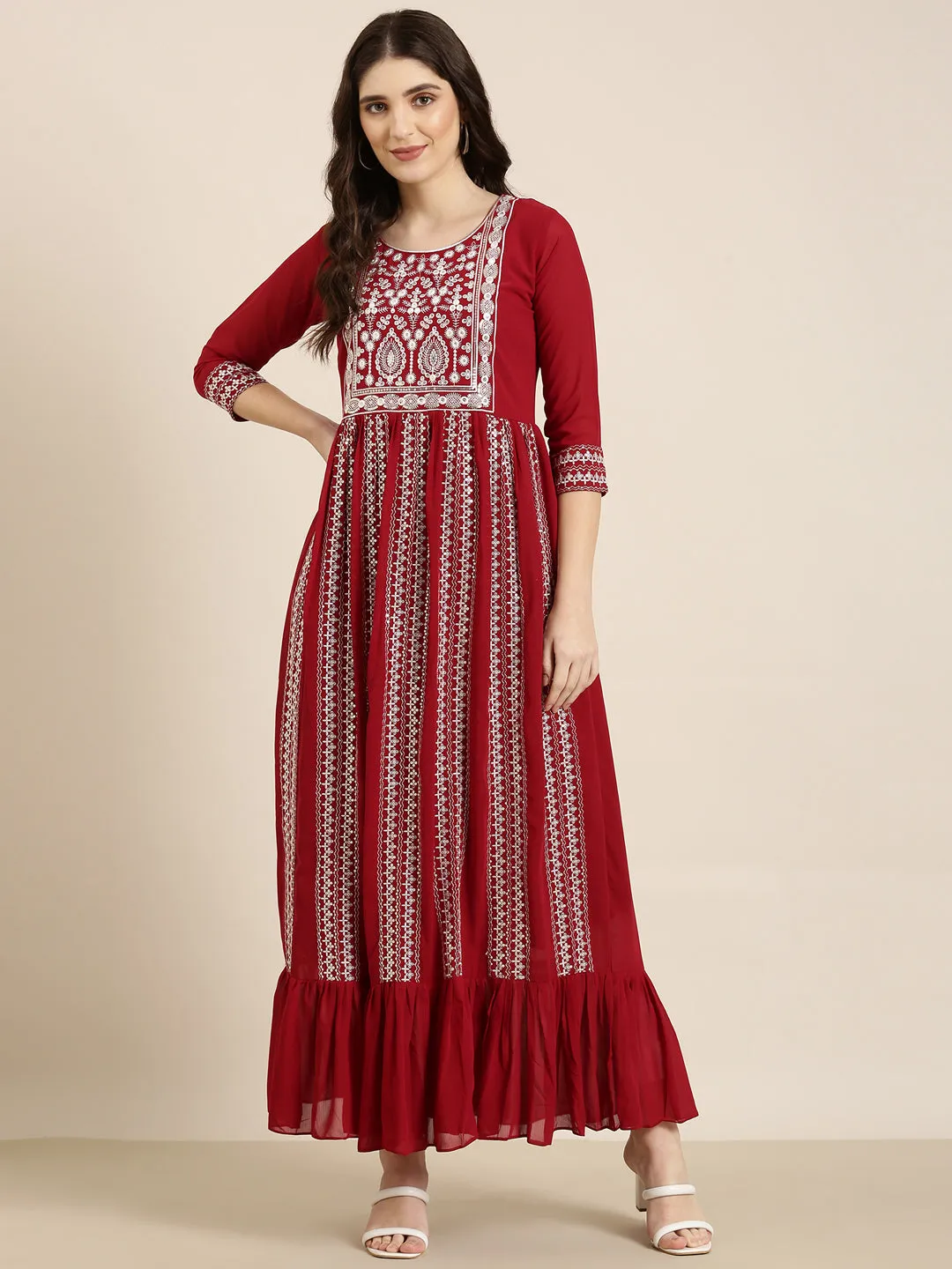 Women Maroon Ethnic Motif Printed Anarkali Kurta