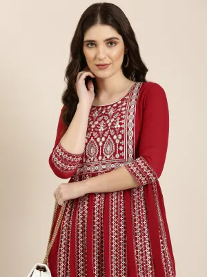 Women Maroon Ethnic Motif Printed Anarkali Kurta