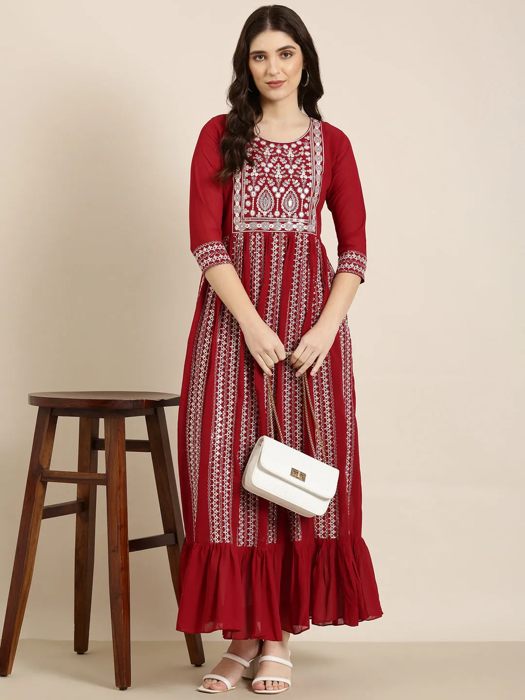 Women Maroon Ethnic Motif Printed Anarkali Kurta